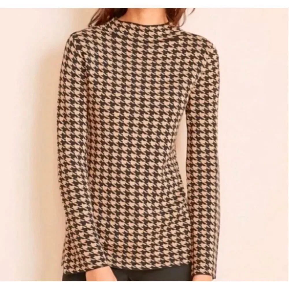 Ann Taylor Womens Black &โTan Mock Neck Houndstooth Long Sleeve Tunic Sz L